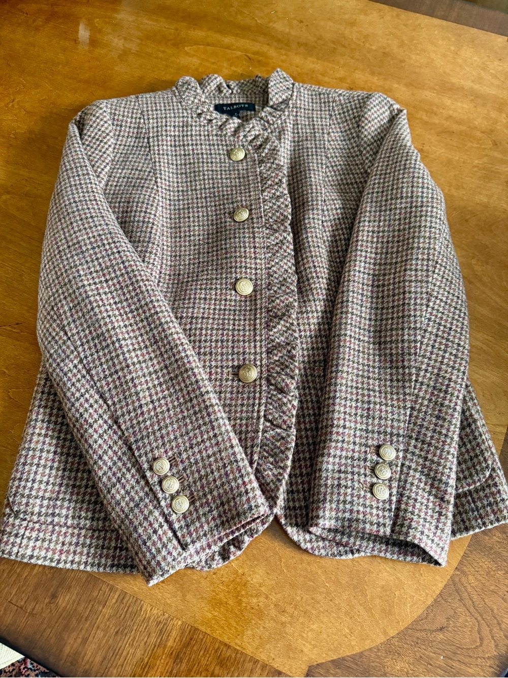 Talbots Multicolor Houndstooth Ruffle-Trim Blazer with Gold Buttons